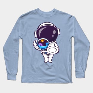 Cute Astronaut Drink Coffee Space Cup Cartoon Long Sleeve T-Shirt